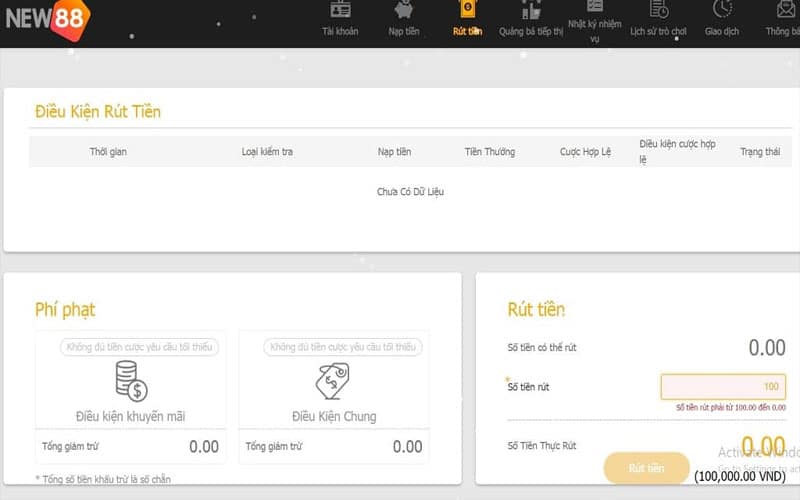 Giao diện rút tiền tại nhà cái New88